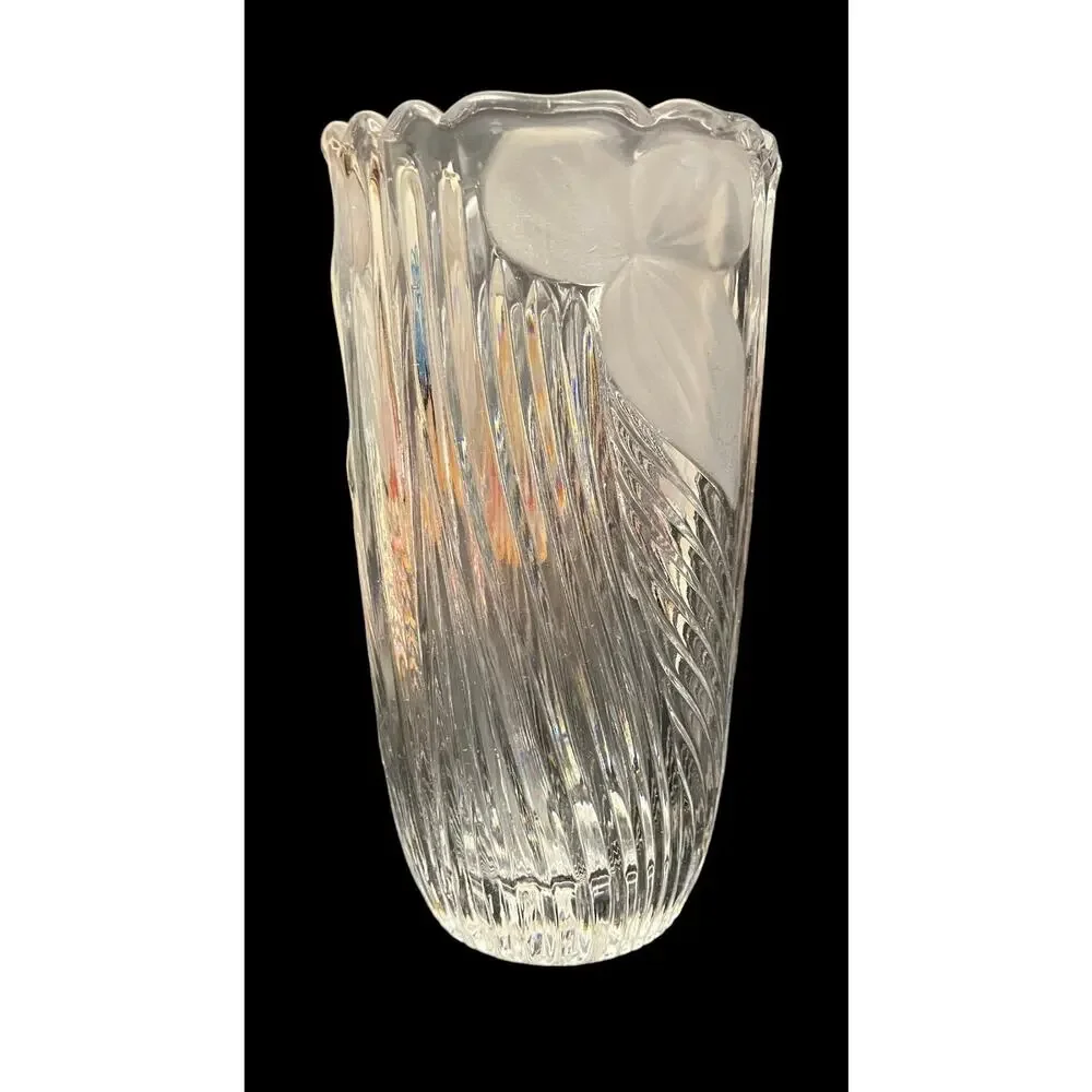 1960s German Bleikristall Anna Hutte Lead Crystal Frosted Iris Flower Rose Vase